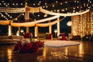 une mariage accueil avec rouge et blanc fleurs. généré par ai photo