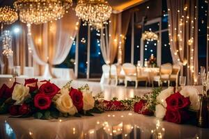 une mariage accueil avec rouge des roses et blanc bougies. généré par ai photo