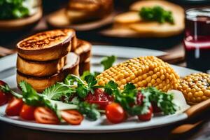 une assiette de nourriture avec maïs, tomates et pain. généré par ai photo