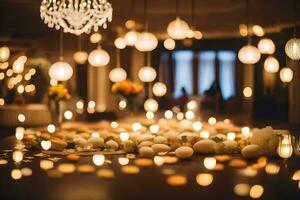 une table avec bougies et fleurs dans de face de une grand lustre. généré par ai photo