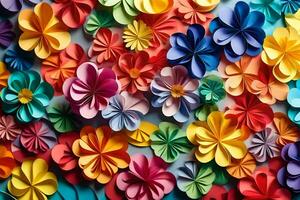 coloré papier fleurs arrangé dans une modèle sur une mur. généré par ai photo