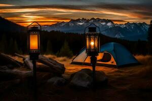 une tente et lanternes sont ensemble en haut dans le montagnes à le coucher du soleil. généré par ai photo