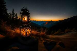 une lanterne allumé en haut à le coucher du soleil dans le montagnes. généré par ai photo