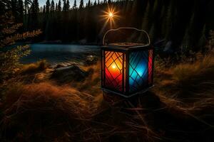 une lanterne est allumé par le Soleil dans le les bois. généré par ai photo