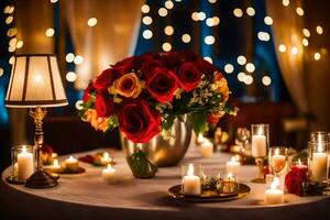 une table avec bougies et fleurs dans une vase. généré par ai photo
