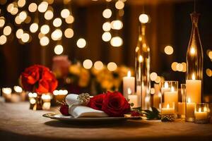 une table réglage avec bougies et des roses. généré par ai photo