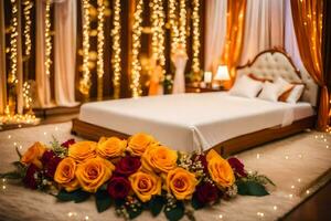 une lit avec Jaune des roses et blanc feuilles. généré par ai photo