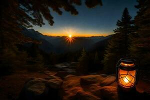 une lanterne est allumé dans le milieu de une forêt à le coucher du soleil. généré par ai photo