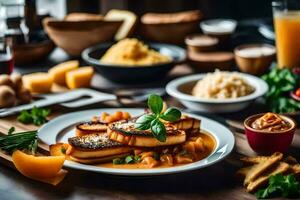 une assiette de nourriture avec patates, fromage et autre ingrédients. généré par ai photo