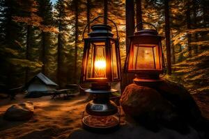 deux lanternes dans le les bois à le coucher du soleil. généré par ai photo