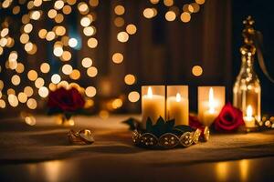 bougies et des roses sur une table avec lumières. généré par ai photo