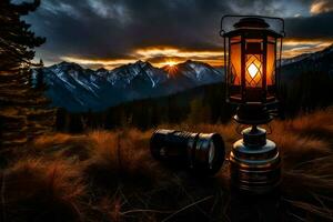 une lanterne et une caméra sont séance sur une flanc de coteau avec une le coucher du soleil dans le Contexte. généré par ai photo