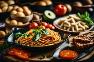 spaghetti avec des légumes et pain sur une en bois tableau. généré par ai photo