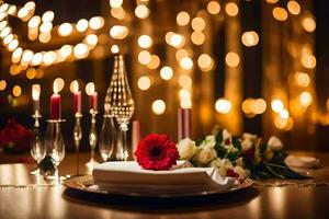 une table réglage avec bougies et fleurs. généré par ai photo