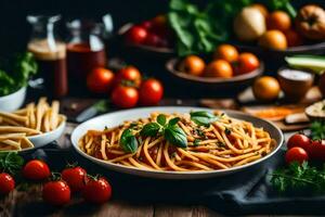 spaghetti avec tomates, basilic et autre ingrédients. généré par ai photo