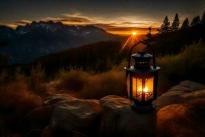 le lanterne, coucher de soleil, montagnes, personne, personne, personne, personne, le lanterne, le coucher du soleil. généré par ai photo