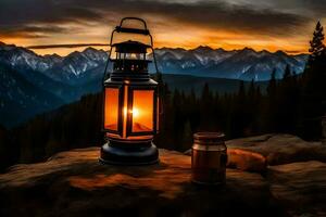 une lanterne est séance sur une Roche avec une Montagne dans le Contexte. généré par ai photo