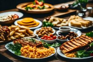 une table avec assiettes de nourriture et boissons. généré par ai photo