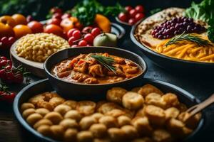 une table avec divers nourriture comprenant Viande, des légumes et fromage. généré par ai photo