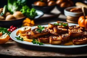 une assiette de nourriture avec des légumes et autre ingrédients. généré par ai photo