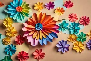 coloré papier fleurs sur une mur. généré par ai photo