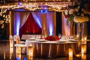 une mariage accueil avec bougies et rouge fleurs. généré par ai photo