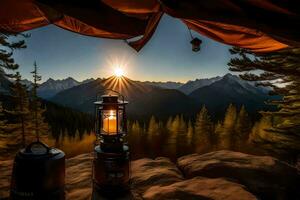 une lampe et une tente dans le montagnes à le coucher du soleil. généré par ai photo