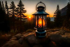 une lanterne est allumé en haut à le coucher du soleil dans le montagnes. généré par ai photo