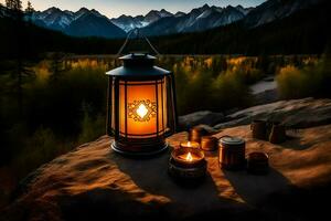 une lanterne est allumé sur une Roche dans de face de une Montagne. généré par ai photo