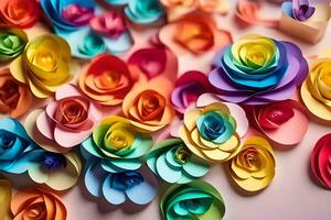 une bouquet de coloré papier des roses sur une rose Contexte. généré par ai photo