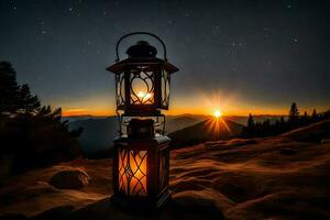 lanternes dans le montagnes à nuit. généré par ai photo