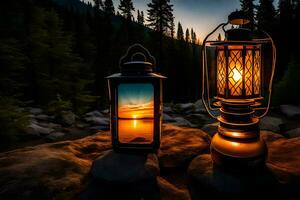 deux lanternes sur une Roche dans le les bois. généré par ai photo