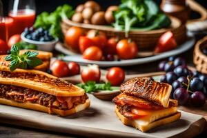 une en bois Coupe planche avec des sandwichs et autre aliments. généré par ai photo