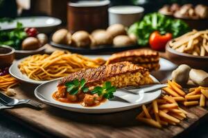 une table avec nourriture et ustensiles sur il. généré par ai photo