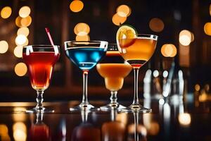 Trois différent coloré des cocktails sur une bar comptoir. généré par ai photo