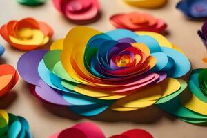 une groupe de coloré papier fleurs arrangé sur une tableau. généré par ai photo