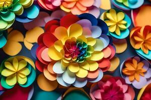 une coloré papier fleur arrangement est montré sur une tableau. généré par ai photo