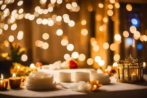 une table avec bougies et assiettes sur il. généré par ai photo