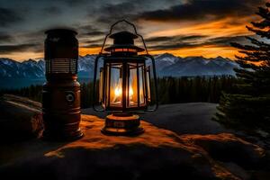 une lanterne et une lampe sur une Roche dans de face de une Montagne. généré par ai photo