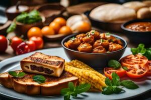 une assiette de nourriture avec pain, tomates et maïs. généré par ai photo