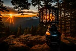 une lanterne est assis sur Haut de une Montagne à le coucher du soleil. généré par ai photo