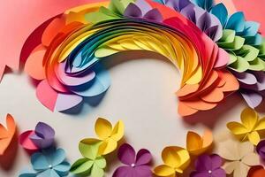 une arc en ciel fabriqué de papier fleurs et papier fleurs. généré par ai photo