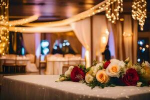 une mariage accueil table avec fleurs et bougies. généré par ai photo