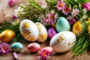 Pâques des œufs et fleurs sur une en bois tableau. généré par ai photo