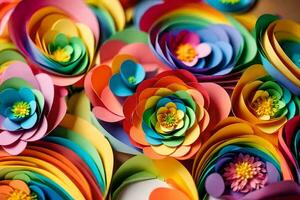 une bouquet de coloré papier fleurs arrangé dans une cercle. généré par ai photo