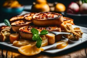 une assiette de nourriture avec patates et fromage. généré par ai photo