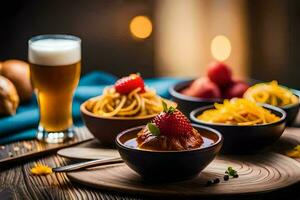 une en bois table avec boules de nourriture et une verre de bière. généré par ai photo