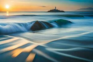 vagues s'écraser sur le rive à le coucher du soleil. généré par ai photo