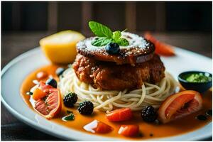 une assiette avec spaghetti et Viande sur il. généré par ai photo