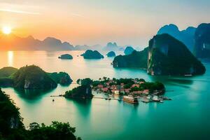 le Soleil ensembles plus de le l'eau dans halong baie, vietnam. généré par ai photo